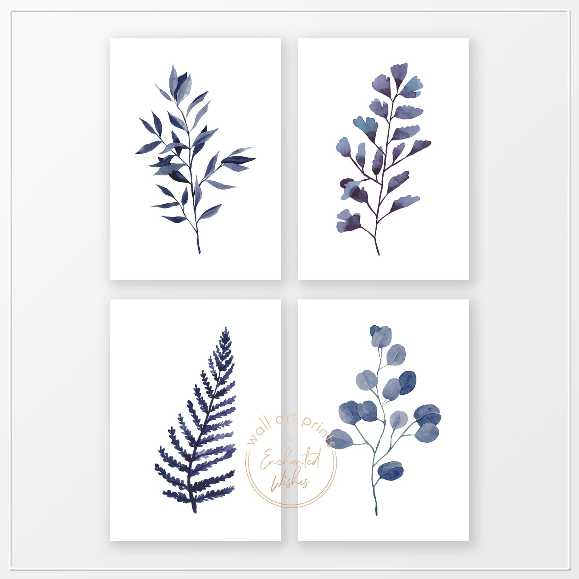 Set of 4 Indigo Leaf Prints - Wall Art Printable Prints