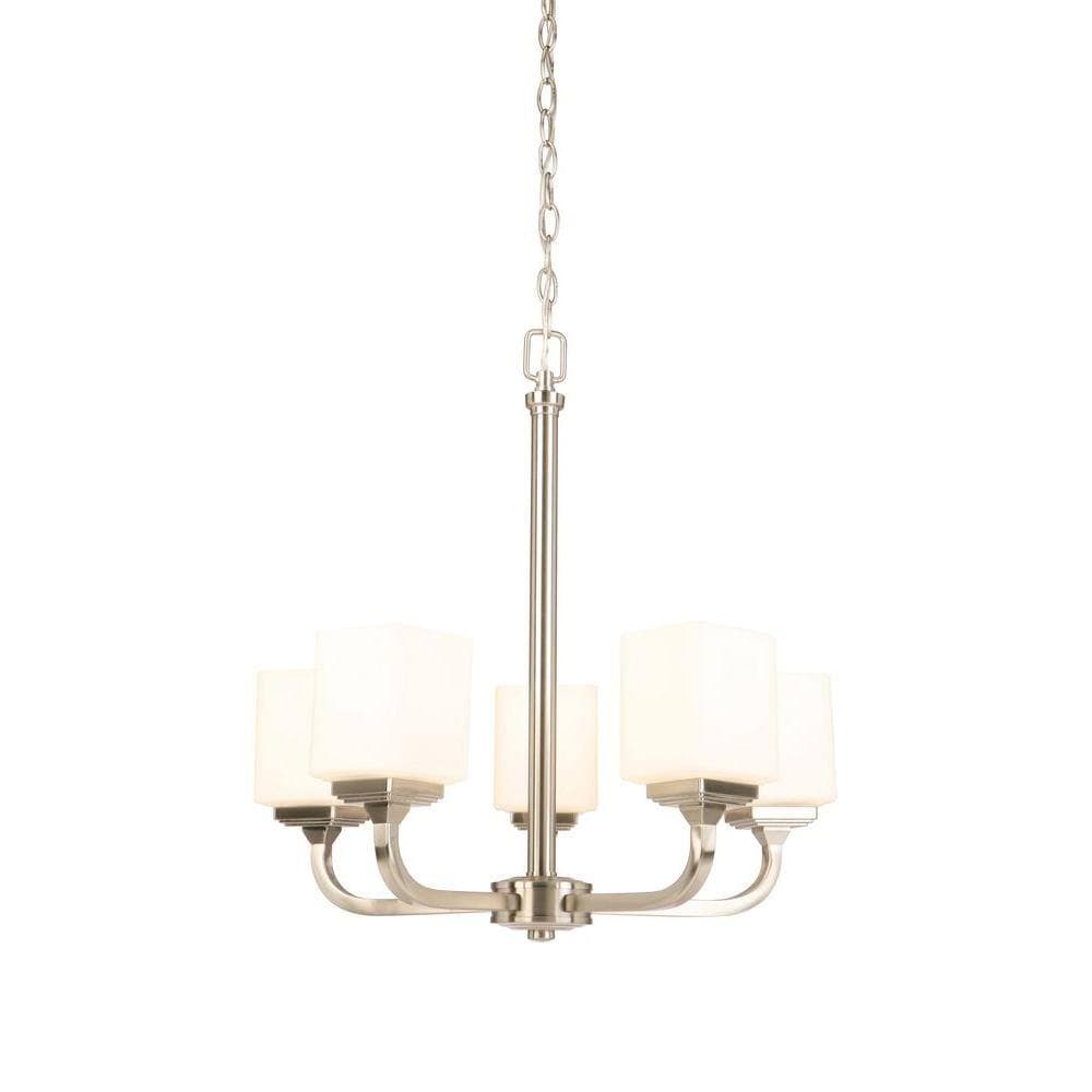 Hampton Bay 5-Light Brushed Nickel Chandelier with Frosted Glass Shade ...
