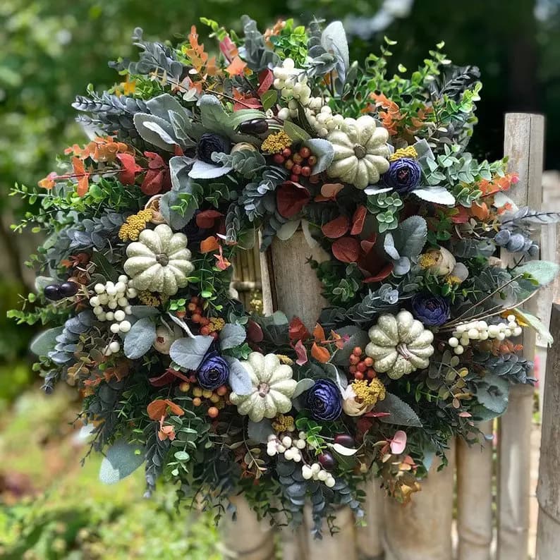 Boutique Simulation White Pumpkin Wreath Halloween Harvest Eucalyptus ...
