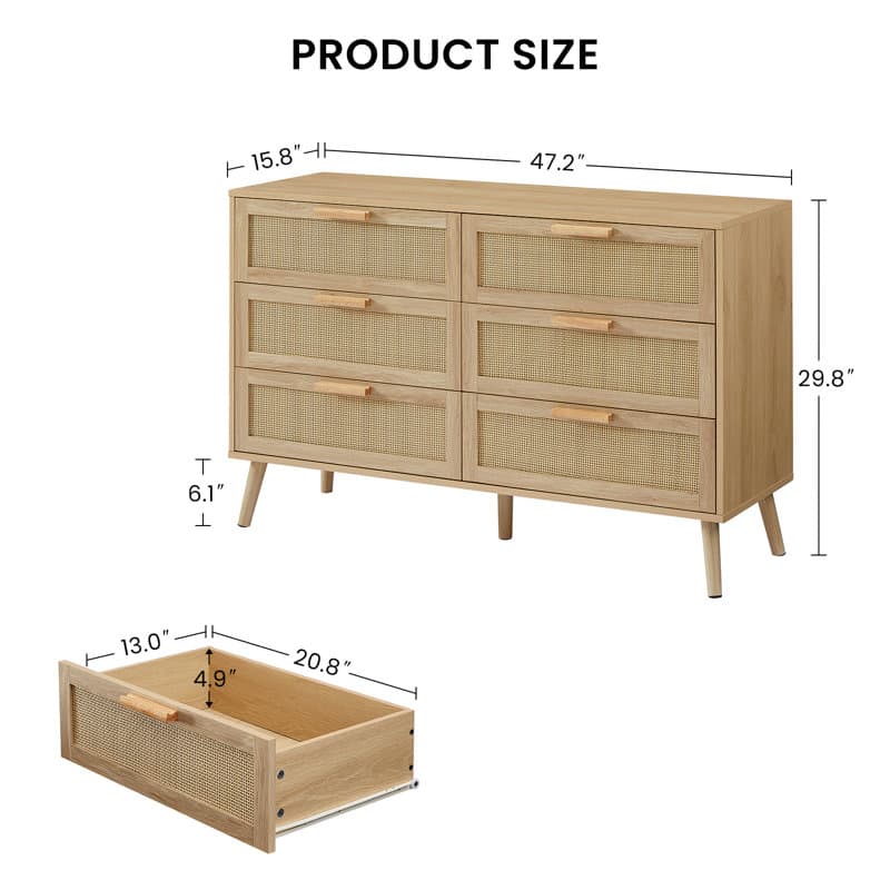 Bay Isle Home™ 6-Drawer Double Dresser with Rattan Drawers | Wayfair
