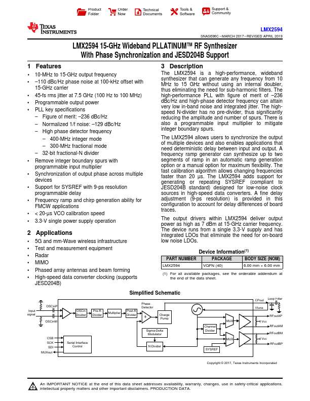LMX2594 datasheet PDF – RF Synthesizer | Texas Instruments