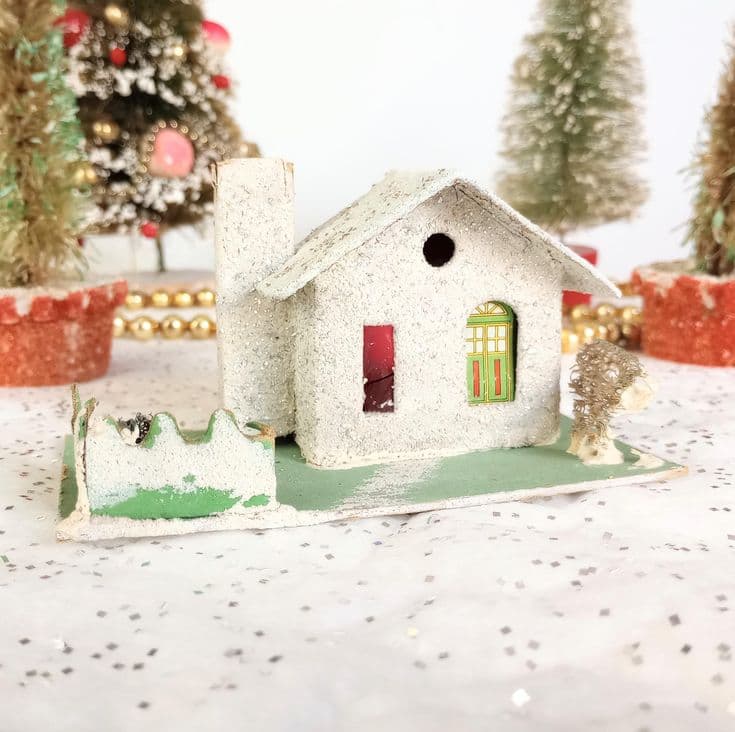 Putz House Cardboard Glitter Village Christmas Home Japan Sponge Tree ...