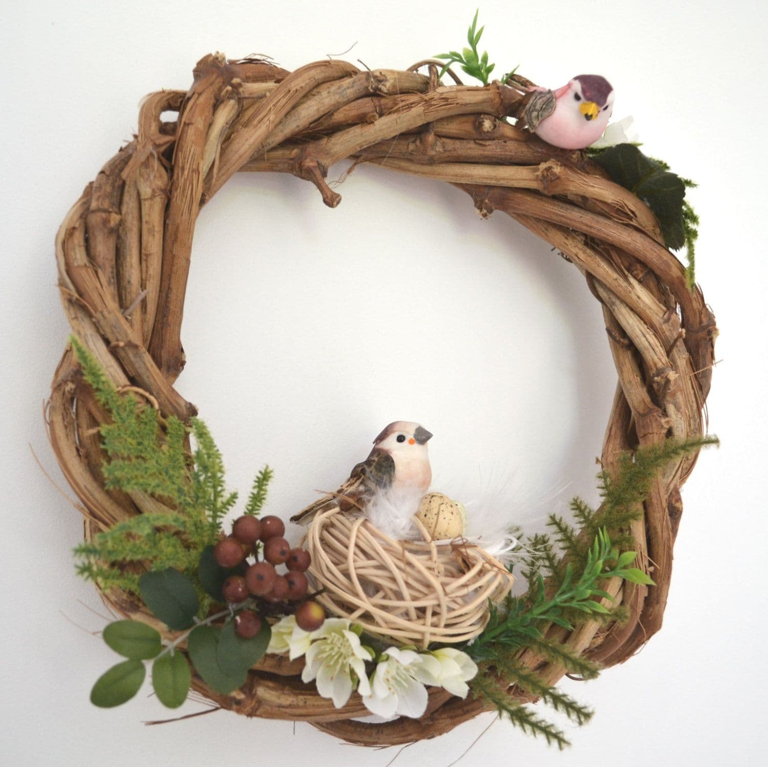 Spring Wreath / Easter Wreath - Grapevine wreath with handmade birds ...