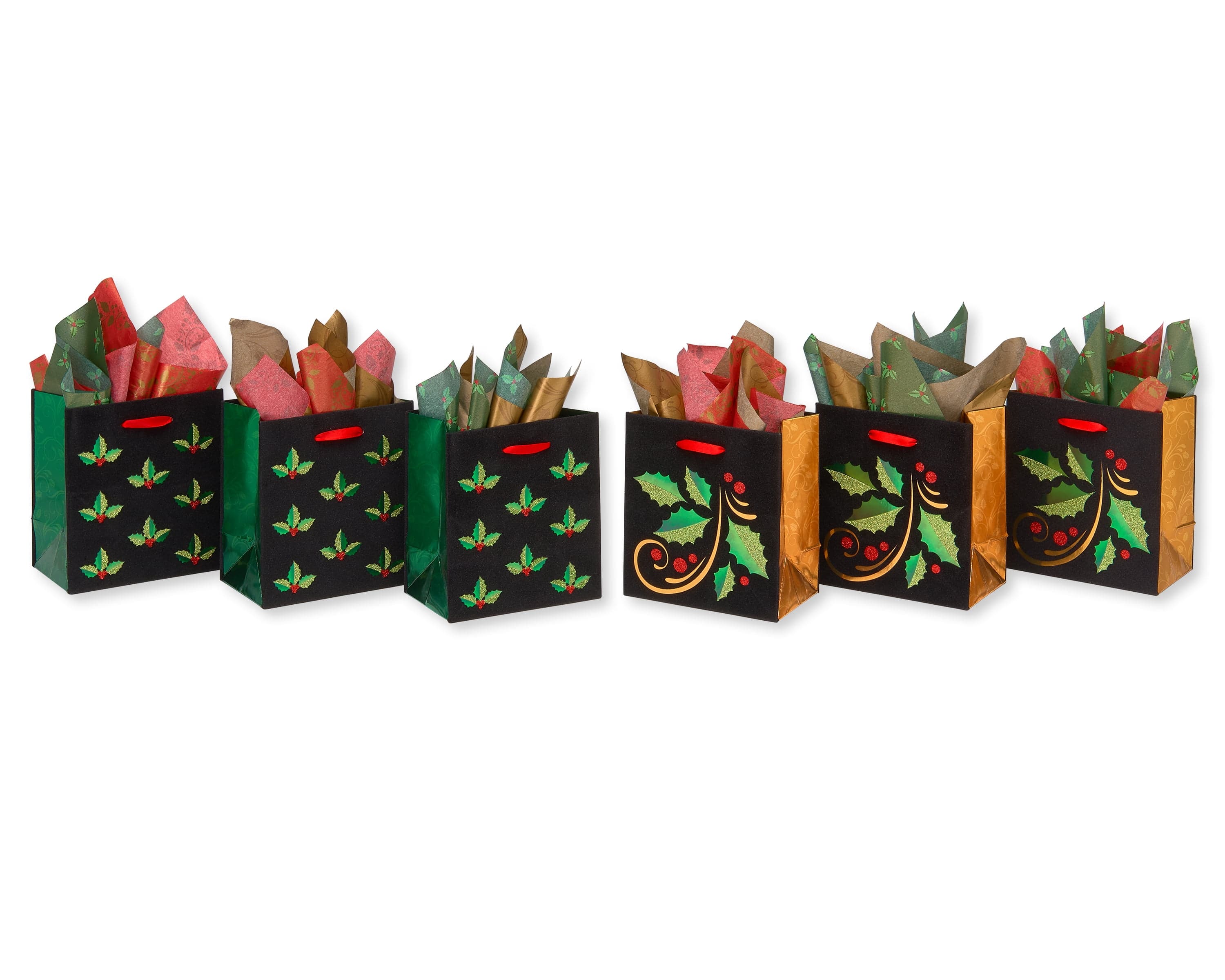 Papyrus Winter Holly Mini Gift Bag & Tissue Set; 6 Gift Bags, 9 Sheets ...