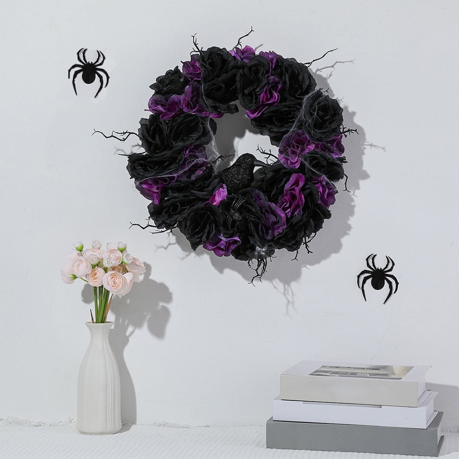 CASAFUN Black Wreath for Front Door, Halloween Raven Wreath, Twig ...