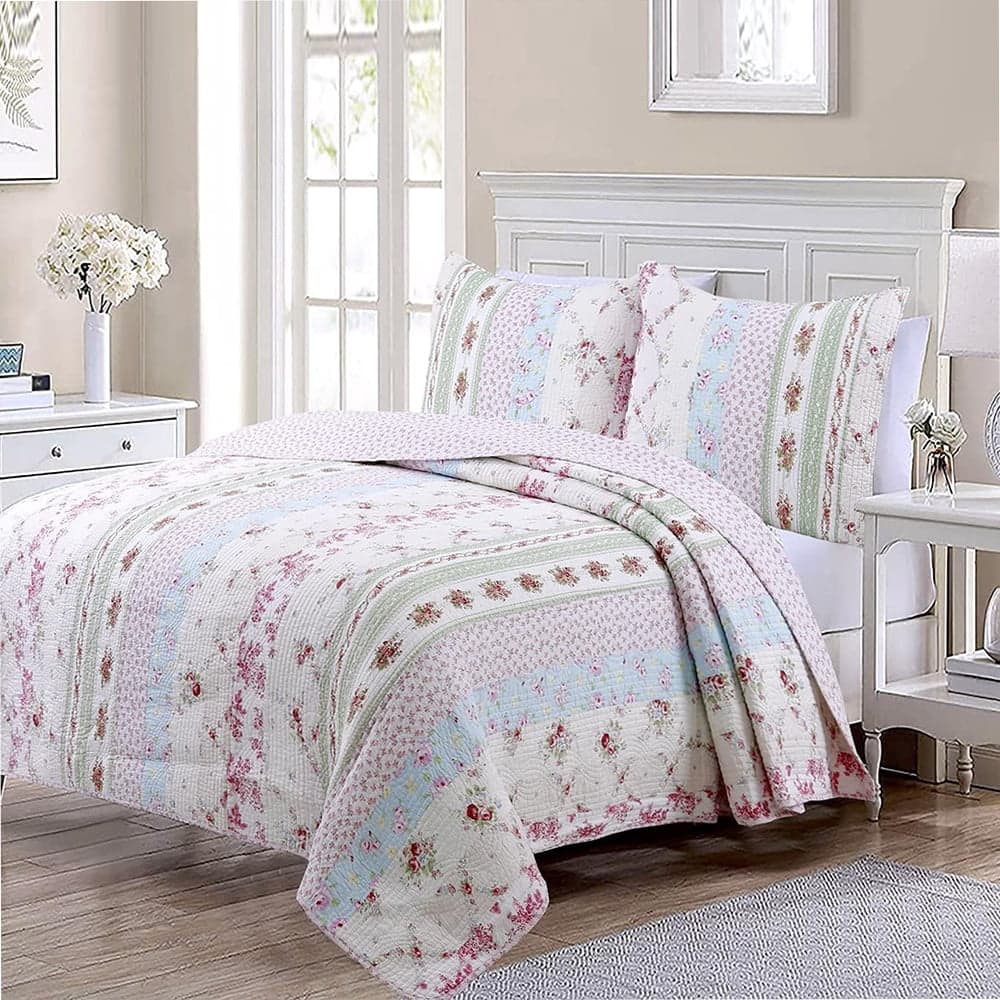 Cotton Real Patchwork Pink Floral Cottage Shabby Chic Reversible Quilt ...