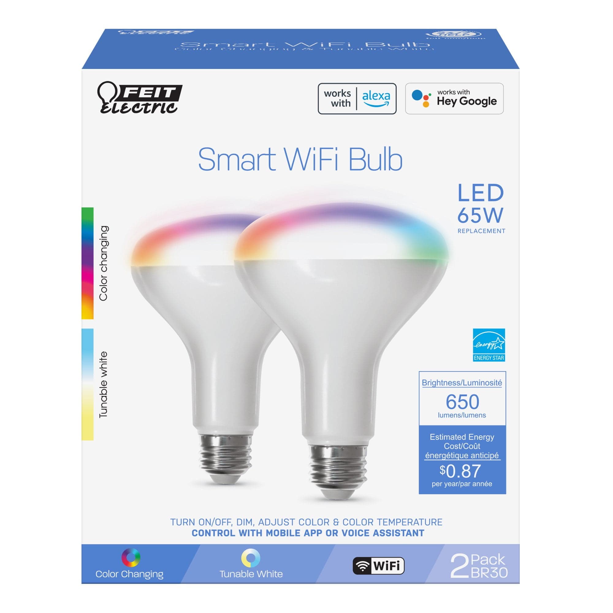 Feit Electric 7.2W (65W Replacement) Color Changing E26 Base BR30 Smart ...