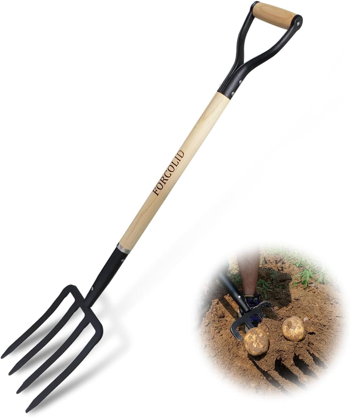 Garden Fork, 4-Tine Spading Digging Fork, Pitch Fork-45Inch, Forged ...