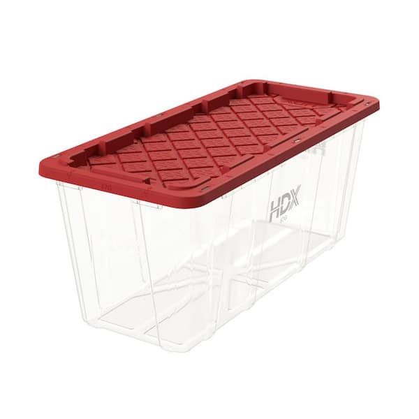 HDX 57-Gal. Tough Storage Tote in Clear with Red Lid 999-57G-C-HDX-R ...
