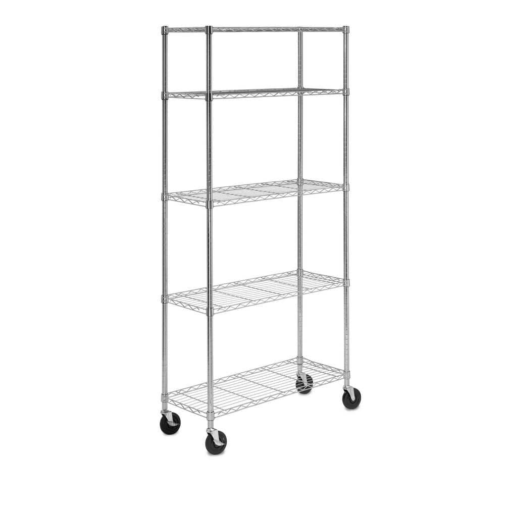 HDX 5-Tier Steel Wire Shelving Unit with Casters in Chrome (48 in. W x ...