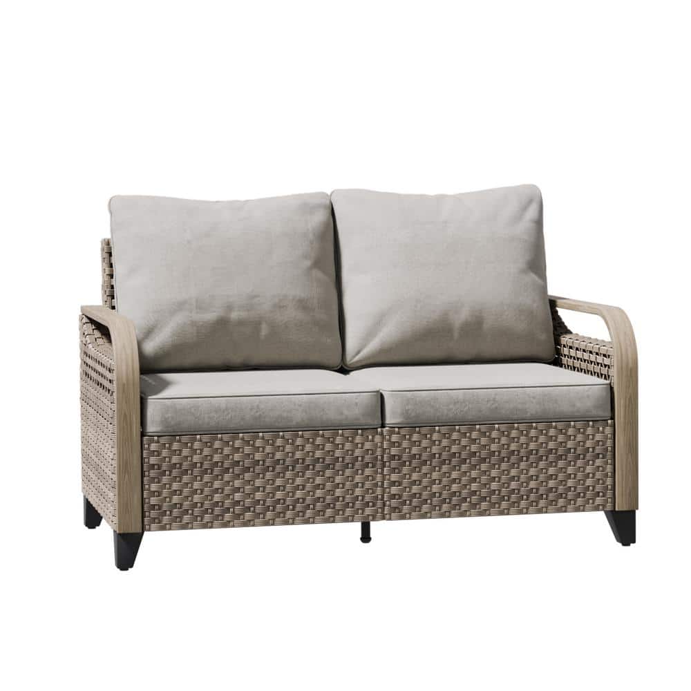 COOS BAY Brown 1-Piece Wicker Rattan Outdoor Patio Loveseat with Gray ...