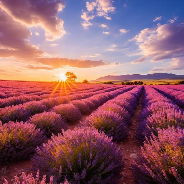 Premium Photo | Sunset Over French Lavender Fields