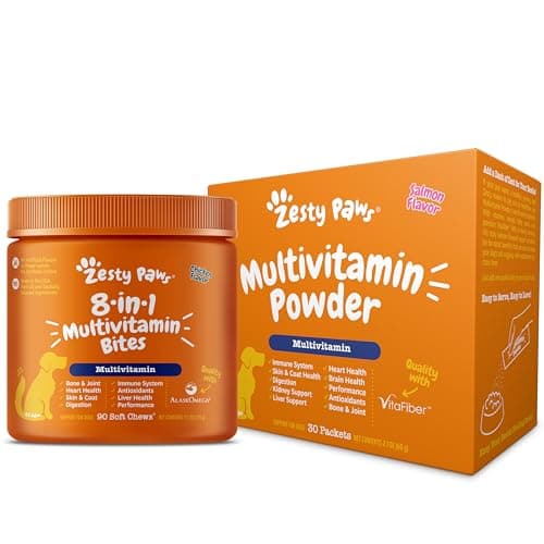 Zesty Paws 8-in-1 Dog Multivitamin Chewables - Digestive & Immune Support Dog Supplements - Support Skin, Heart & Liver Health - Peanut Butter Flavour - 90 Count