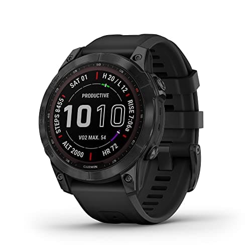 Garmin Fenix 7 Sapphire Solar, Adventure smartwatch, with Solar Charging Capabilities, Rugged Outdoor Watch with GPS, Touchscreen, Health and Wellness Features, Black DLC Titanium with Black Band