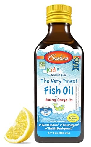 Carlson - Kid's The Very Finest Fish Oil, 800 mg Omega-3s, Liquid Fish Oil Supplement, Norwegian Fish Oil, Wild-Caught, Sustainably Sourced Fish Oil Liquid, Lemon, 200 mL (6.7 Fl Oz)