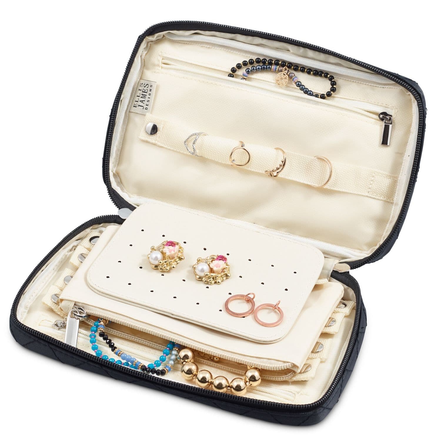 Black Travel Jewelry Keeper with Zippered Pockets | Ellis James Designs